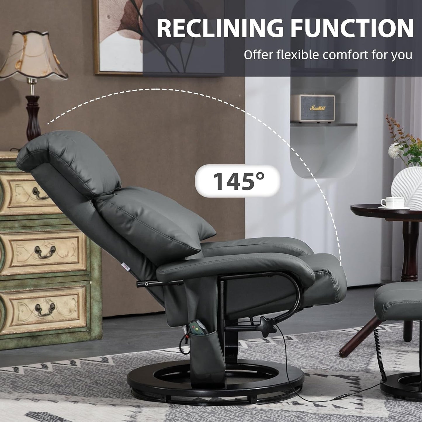 Massage Recliner Chair Ottoman 360 Swivel Leather Gray