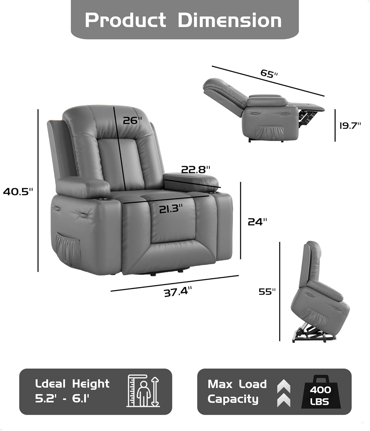 Power Lift Recliner Chair - Heat and Massage, Adjustable Back and