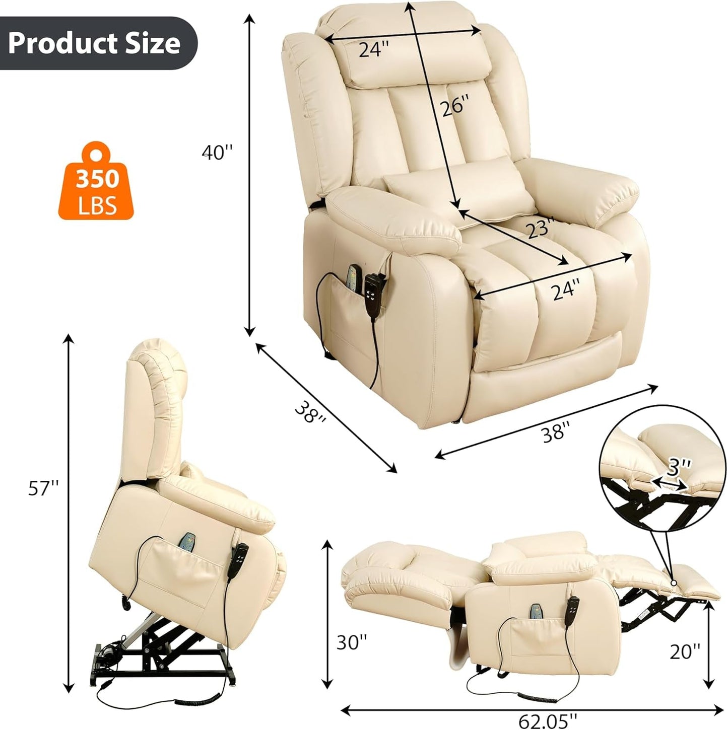 Large Reclining Lift Chair, Dual Motor Massage Chair, Genuine Leather