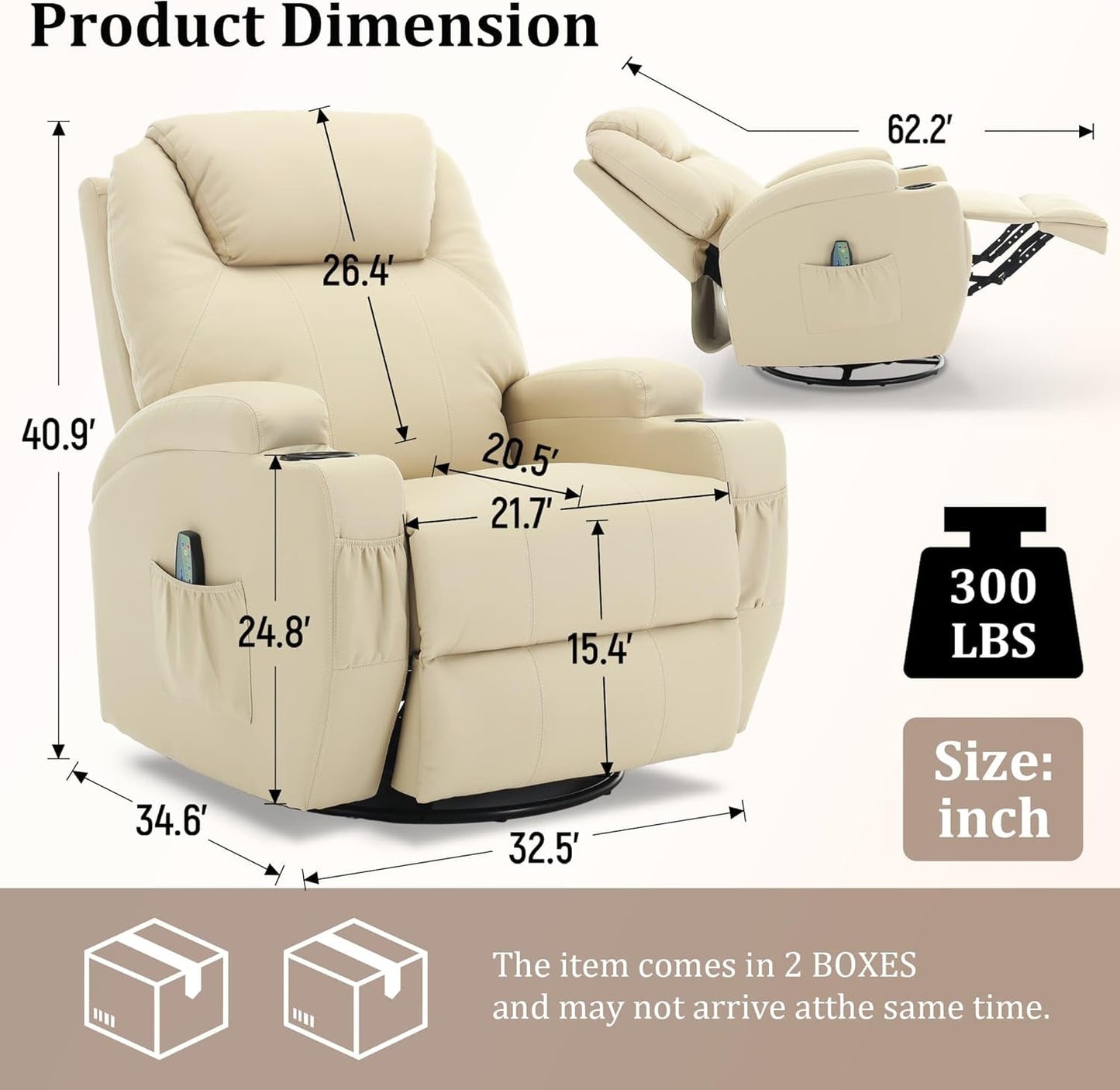 Recliner Chair, Rocking Chair with Massage and Heat, 360° Swivel