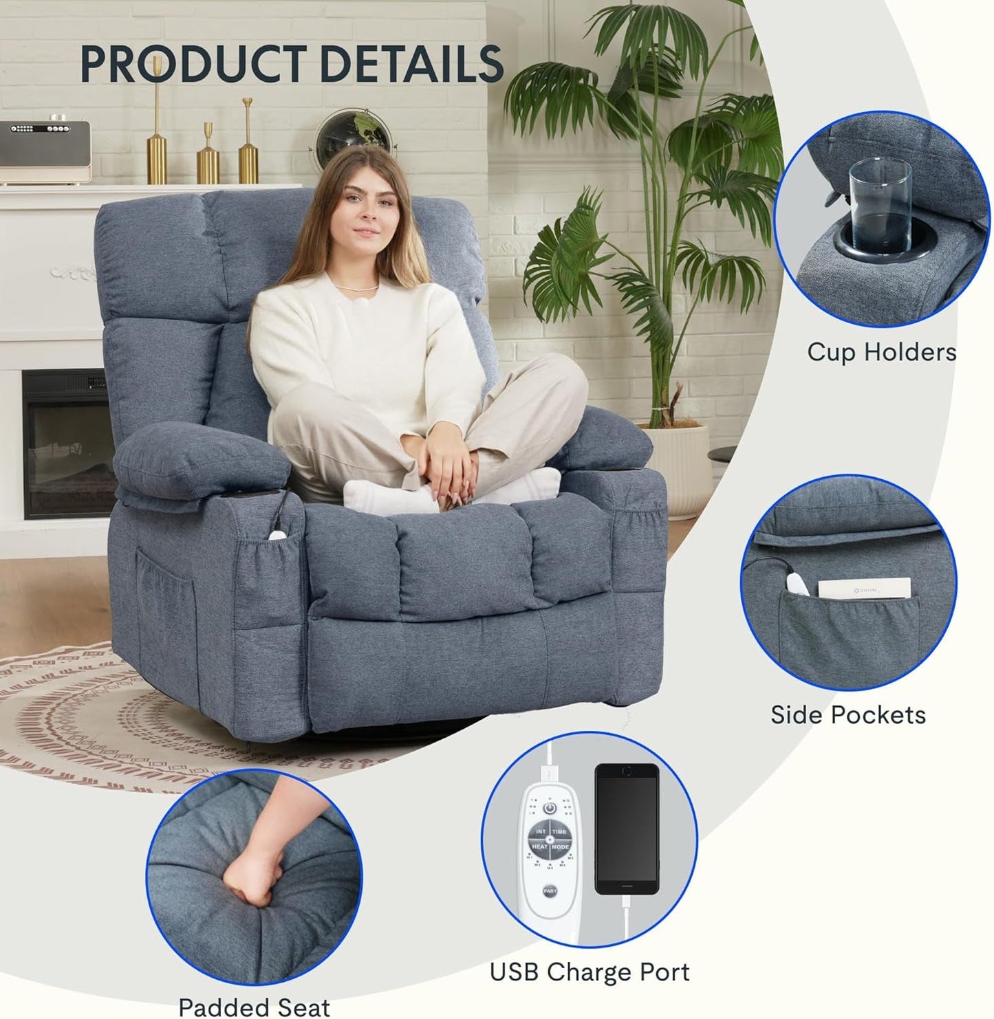 XRC3 Rocker Recliner Chair for Adults W/Massage & Heat, 360° Swivel