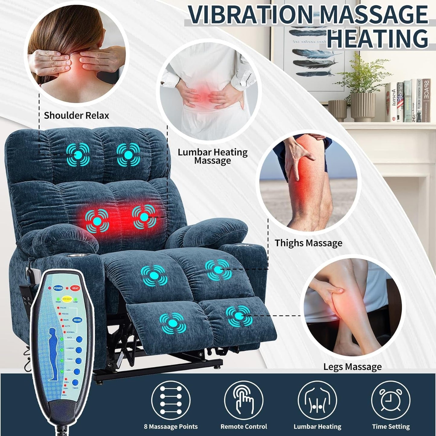 Lay Flat Sleeping Lift Recliner Chair with Heat Vabriation Massage for