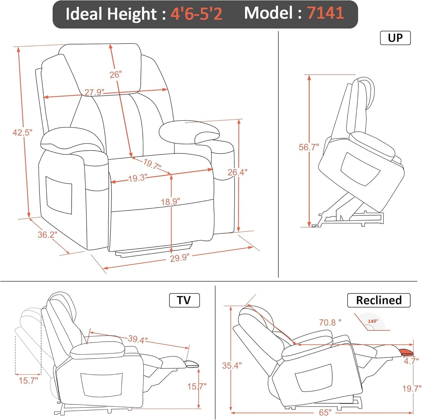 Small Power Lift Recliner Chair Sofa with Massage and Heat for Petite