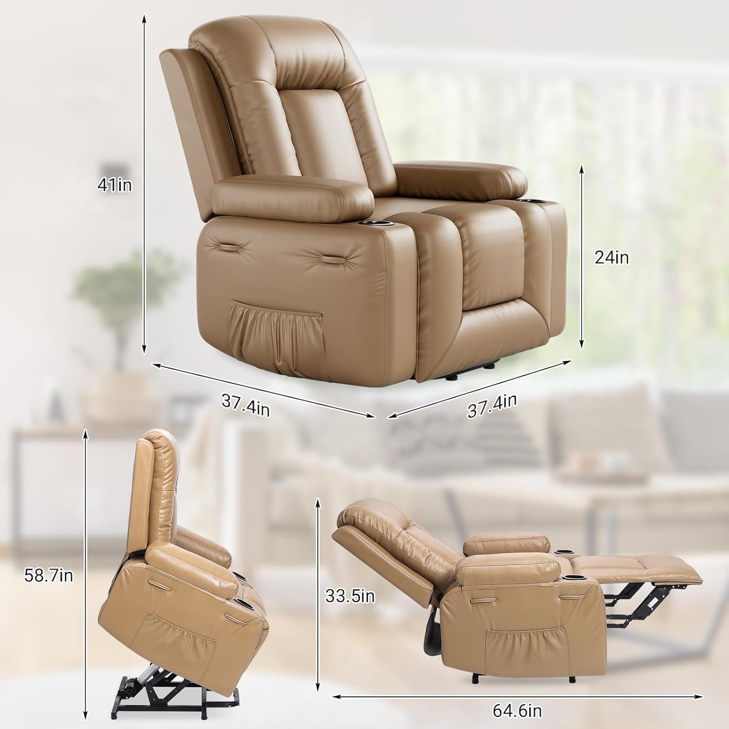 Power Lift Recliner Chair PU Leather with Massage for Elderly