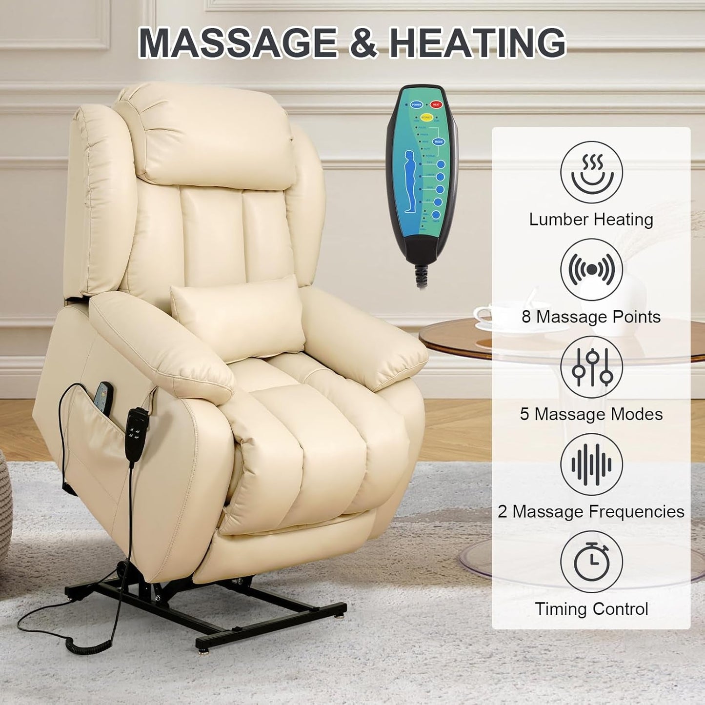 Large Reclining Lift Chair, Dual Motor Massage Chair, Genuine Leather