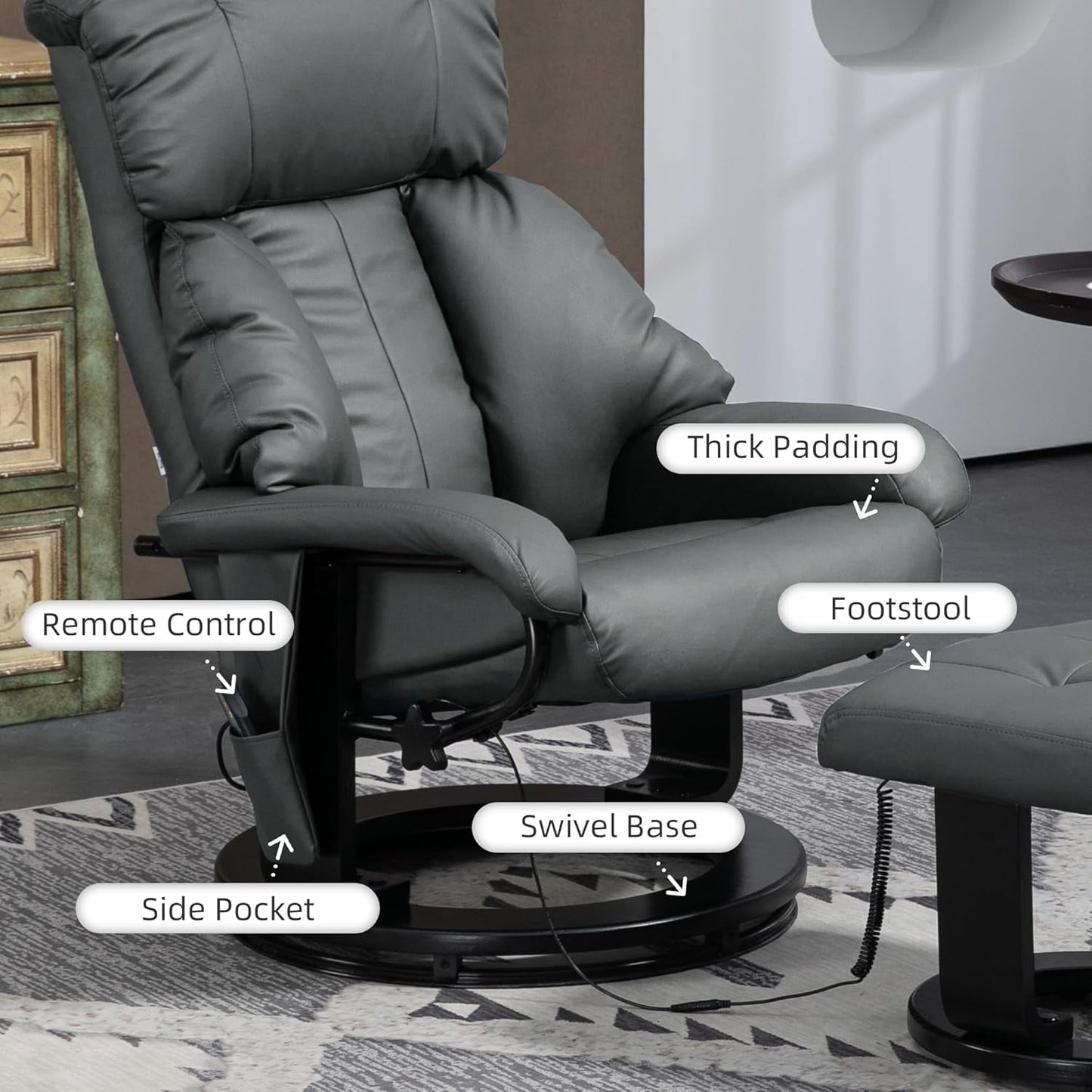 Massage Recliner Chair Ottoman 360 Swivel Leather Gray