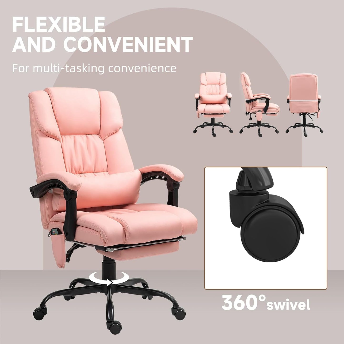 Pink Massage Office Chair With 6 Vibration Points Footrest