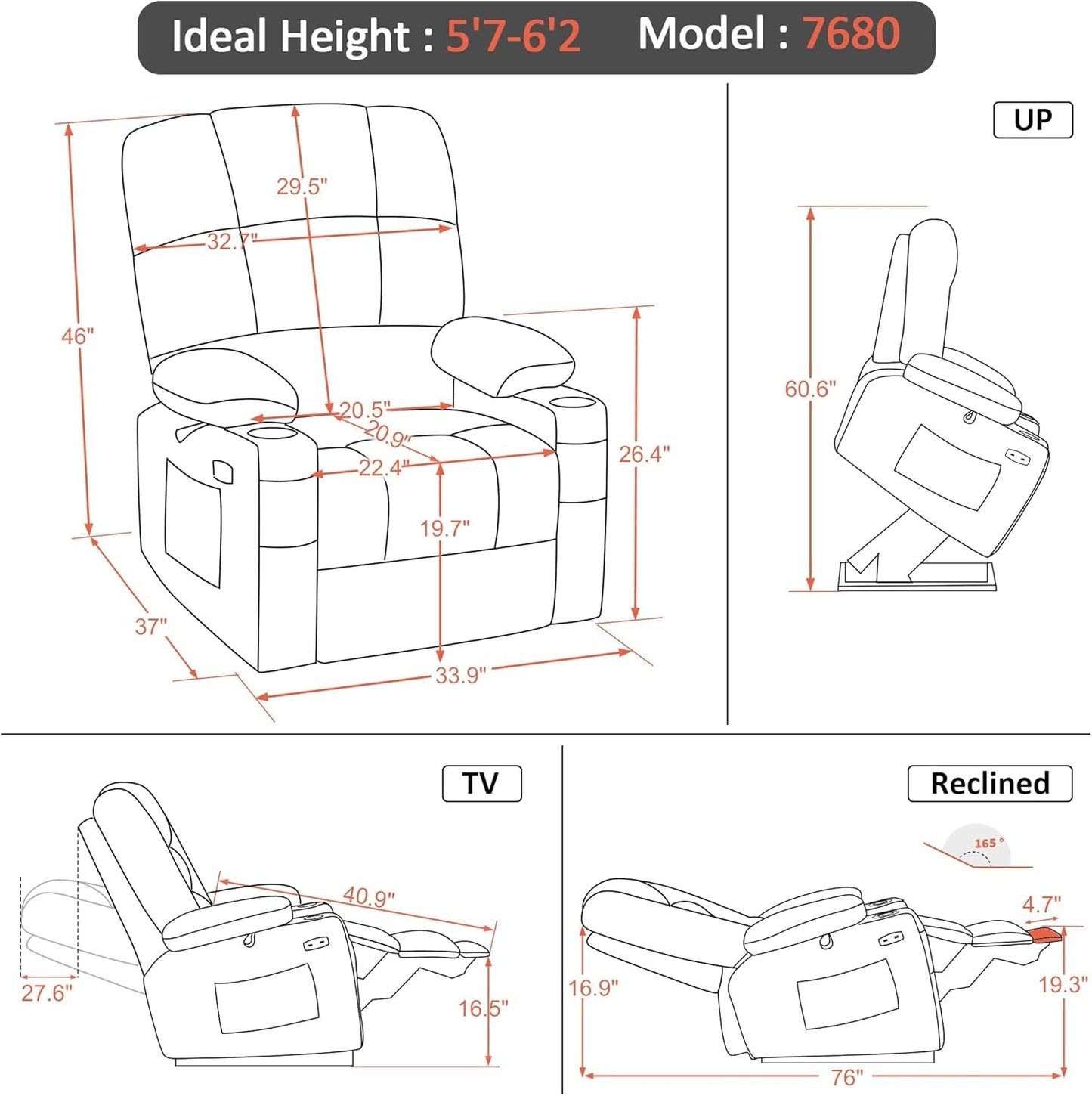 Large Lay Flat Dual Motor Power Lift Recliner Chair Sofa with Massage