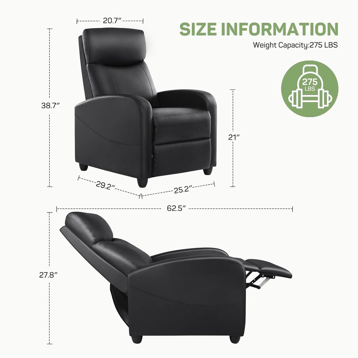 Recliner Chair with Massage and Lumbar Support, Small PU Leather Home