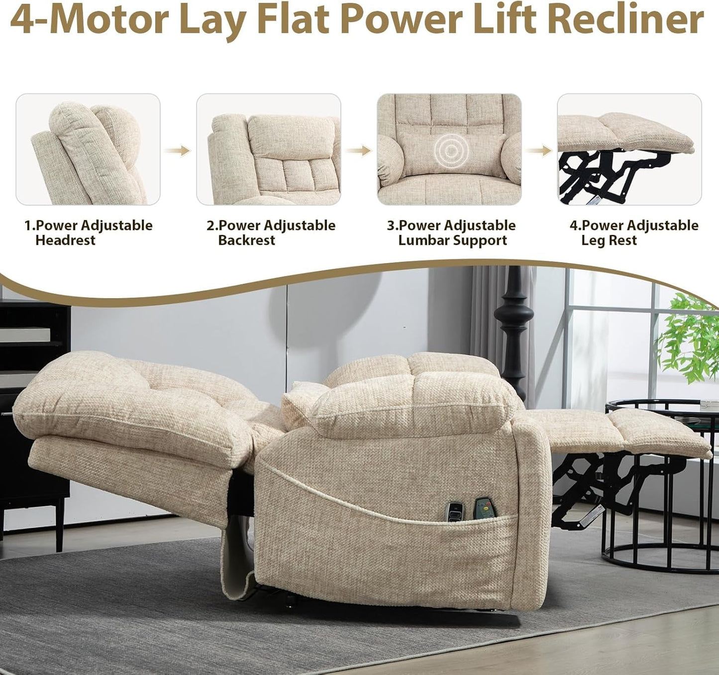 Power Lift Recliner Chair for Elderly with Massage and Heat, 4-Motor