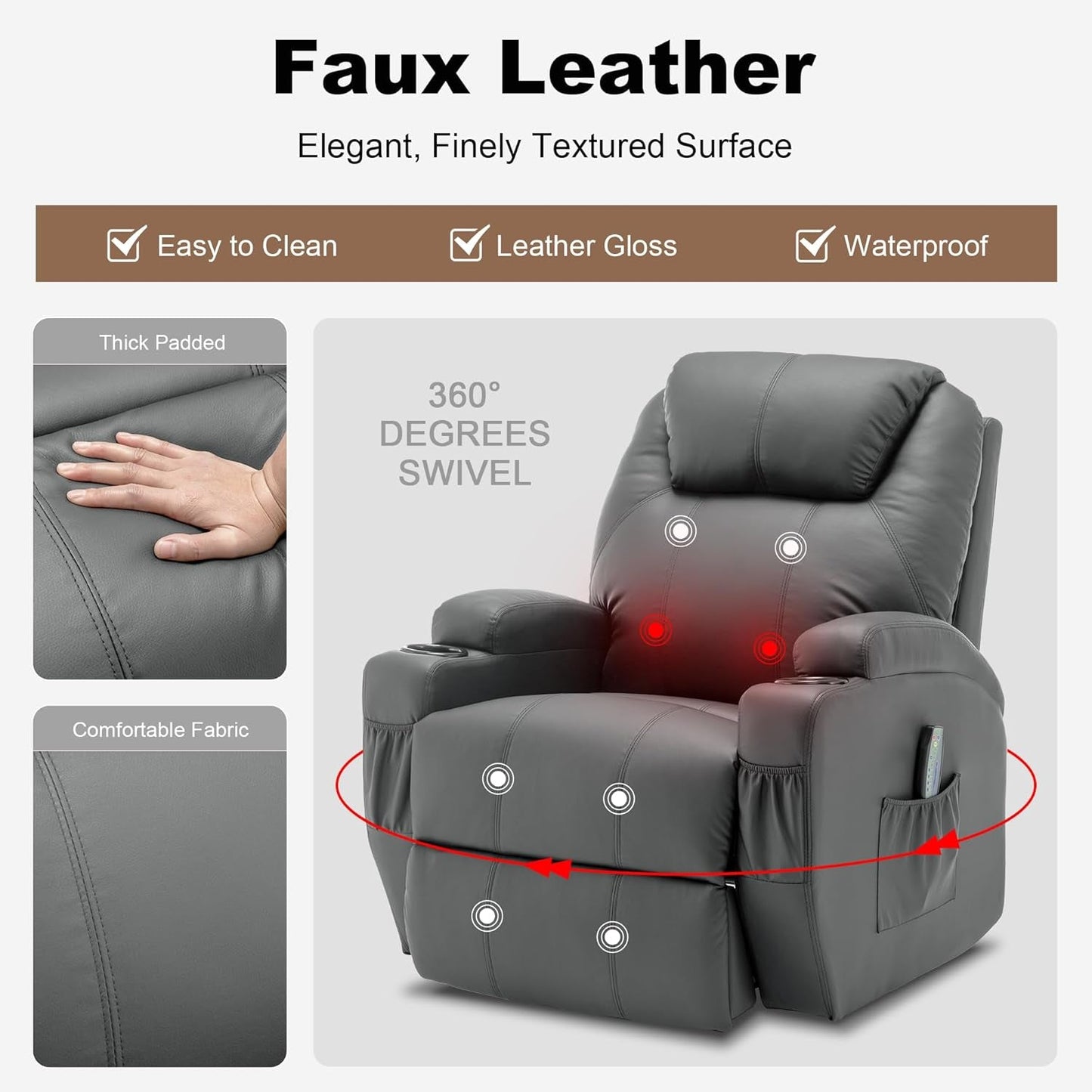 Recliner Chair, Rocking Chair with Massage and Heat, 360° Swivel