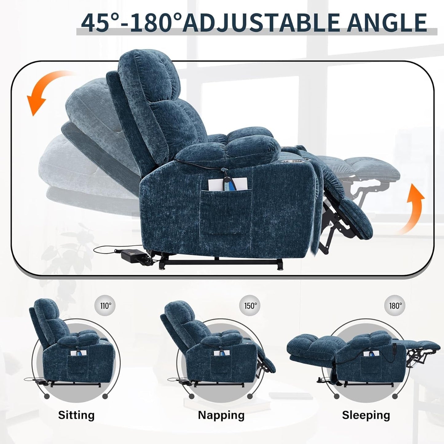 Lay Flat Sleeping Lift Recliner Chair with Heat Vabriation Massage for