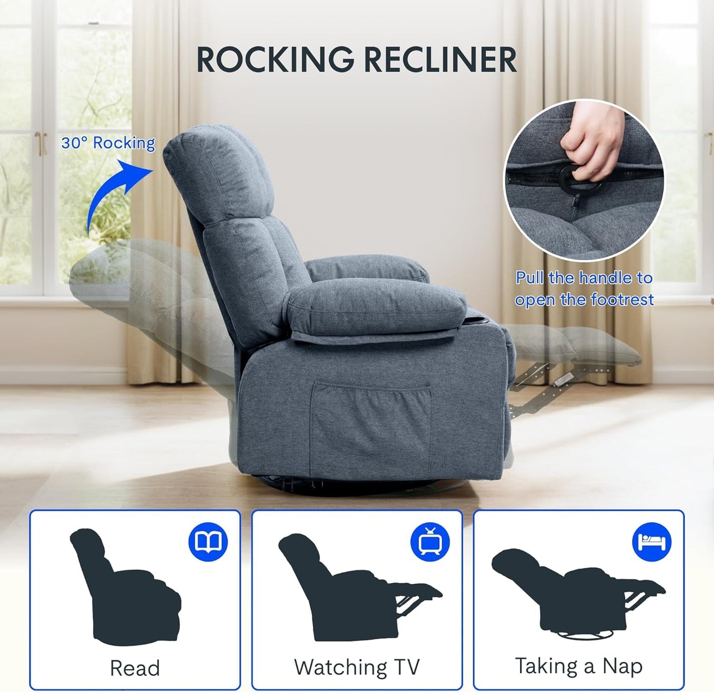 XRC3 Rocker Recliner Chair for Adults W/Massage & Heat, 360° Swivel