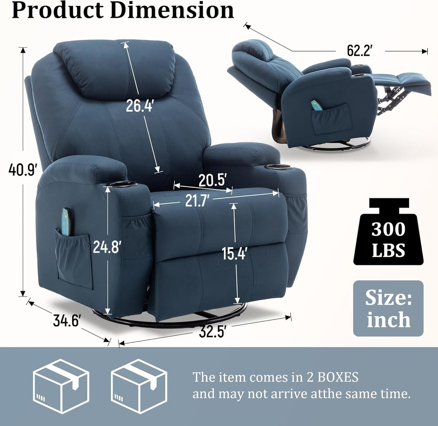 Recliner Chair, Rocking Chair with Massage and Heat, 360° Swivel
