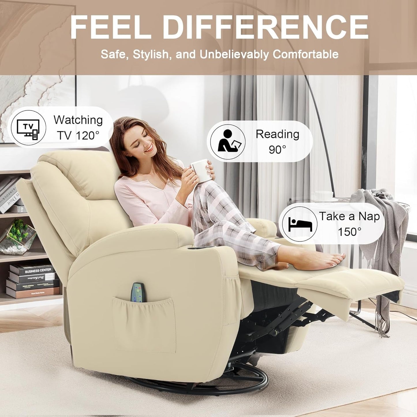 Recliner Chair, Rocking Chair with Massage and Heat, 360° Swivel