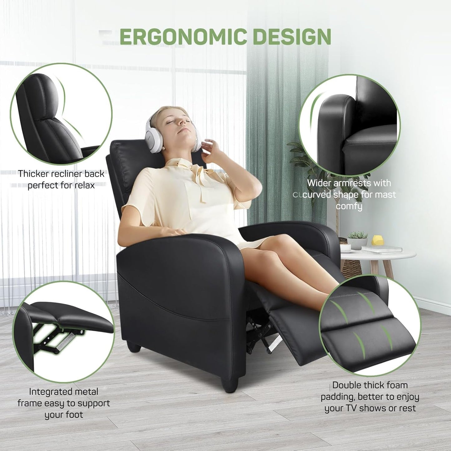 Recliner Chair with Massage and Lumbar Support, Small PU Leather Home