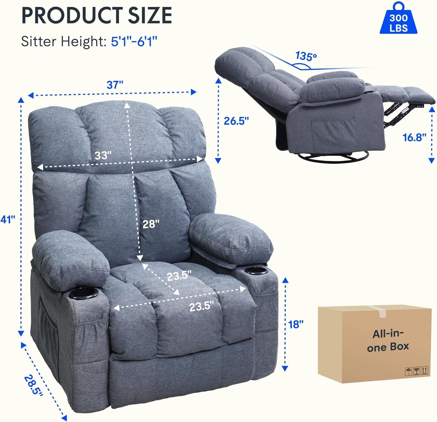 XRC3 Rocker Recliner Chair for Adults W/Massage & Heat, 360° Swivel