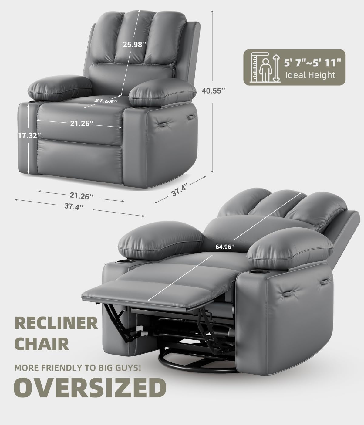Oversized Recliner Chairs with Heat and Massage - 360° Swivel Lazy