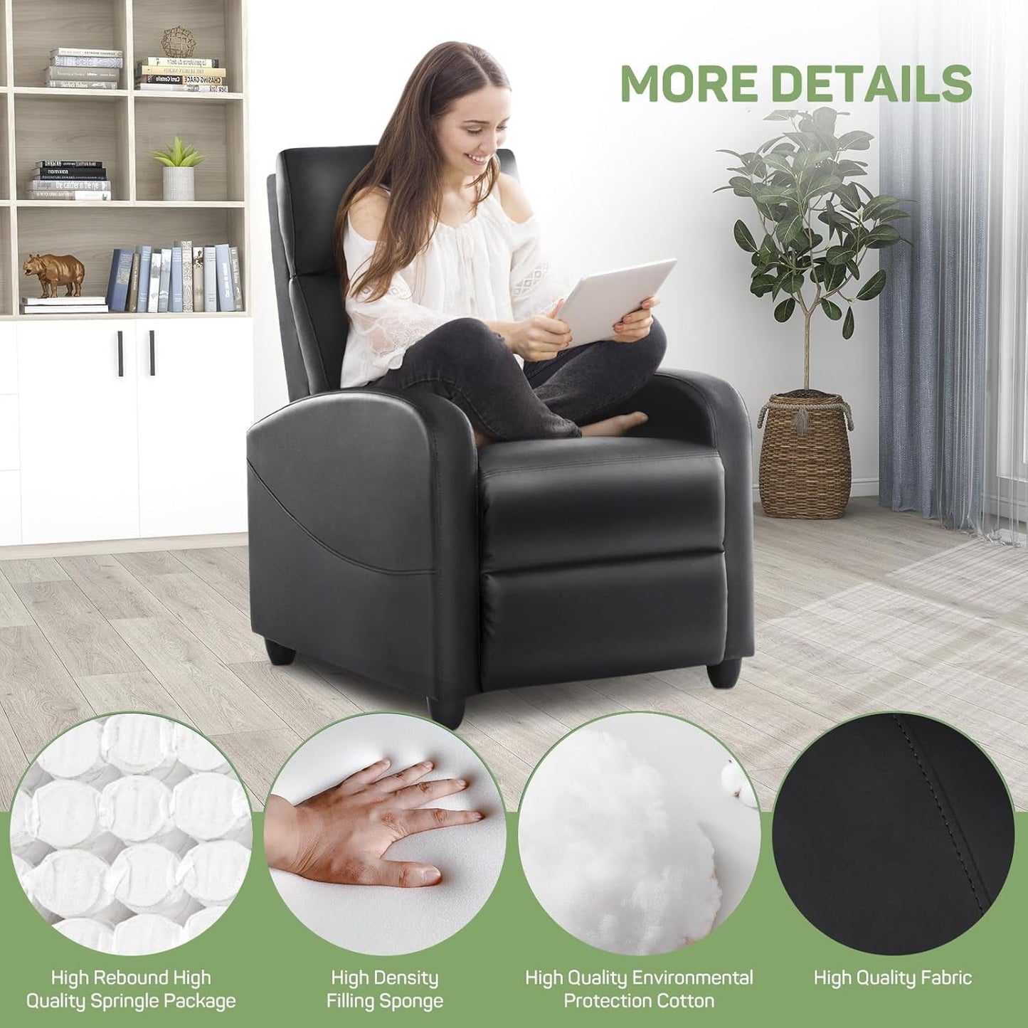 Recliner Chair with Massage and Lumbar Support, Small PU Leather Home