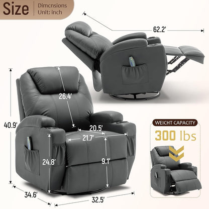 Recliner Chair, Rocking Chair with Massage and Heat, 360° Swivel