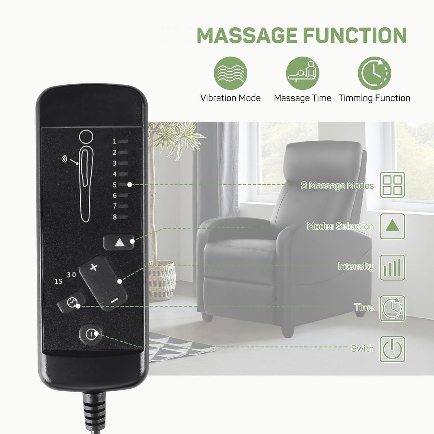 Recliner Chair with Massage and Lumbar Support, Small PU Leather Home