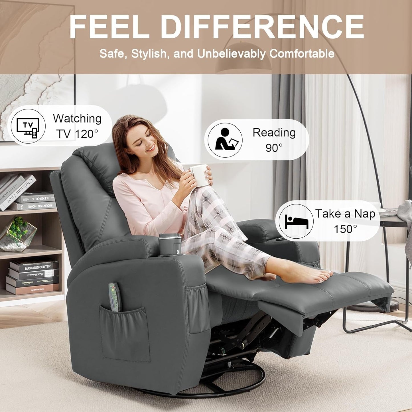 Recliner Chair, Rocking Chair with Massage and Heat, 360° Swivel