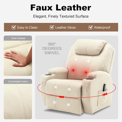 Recliner Chair, Rocking Chair with Massage and Heat, 360° Swivel
