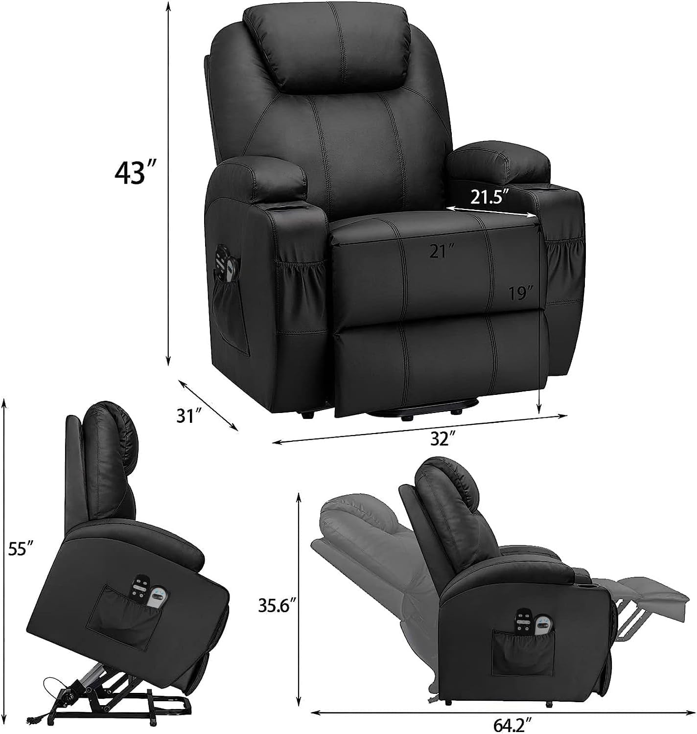 Power Lift Recliner Chair PU Leather with Massage for Elderly