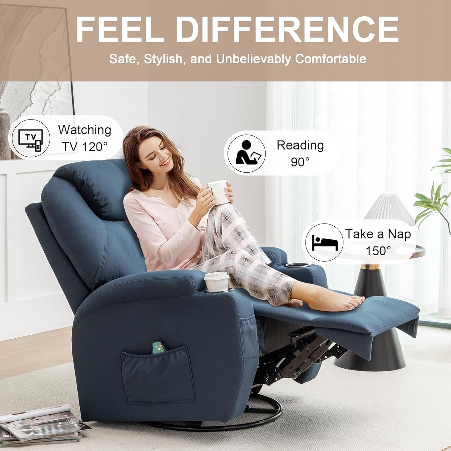 Recliner Chair, Rocking Chair with Massage and Heat, 360° Swivel