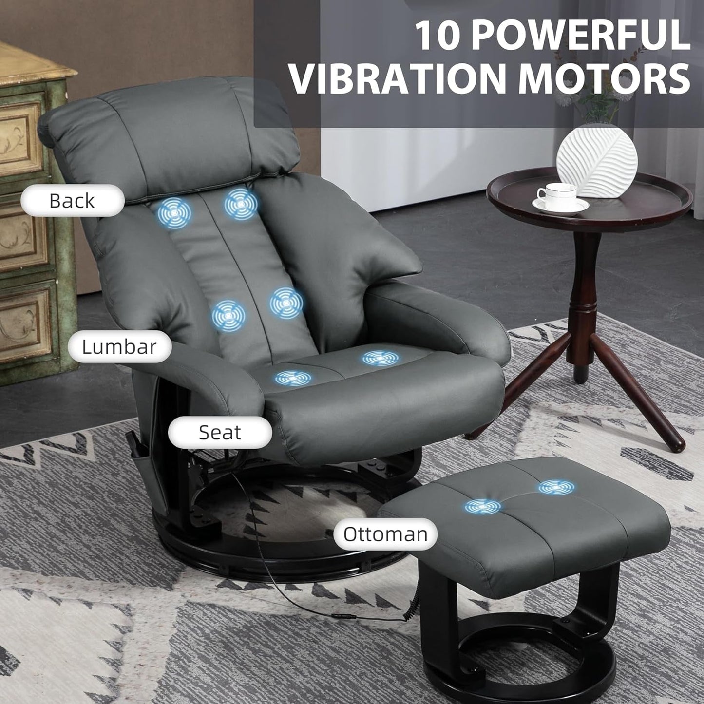 Massage Recliner Chair Ottoman 360 Swivel Leather Gray