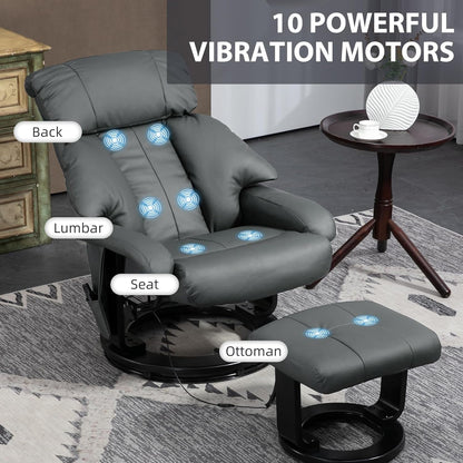 Massage Recliner Chair Ottoman 360 Swivel Leather Gray
