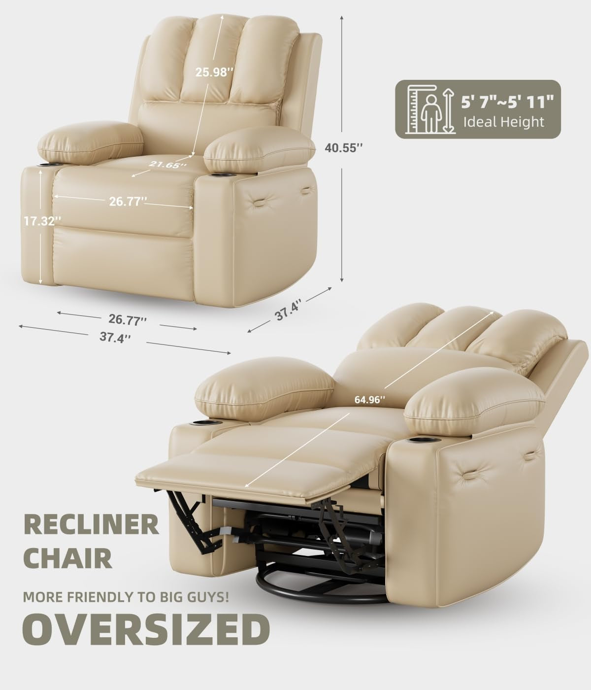 Oversized 27" Recliner Chairs with Heat and Massage - 360° Swivel Lazy