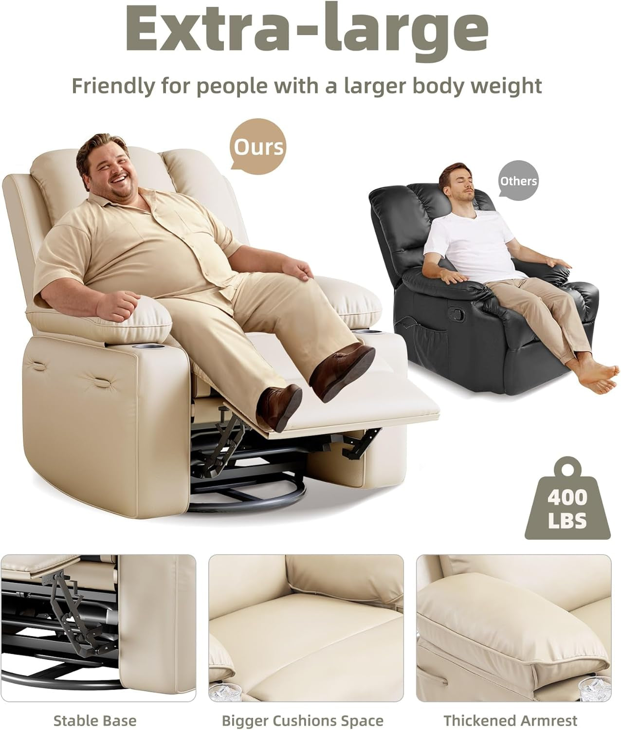 Oversized 27" Recliner Chairs with Heat and Massage - 360° Swivel Lazy