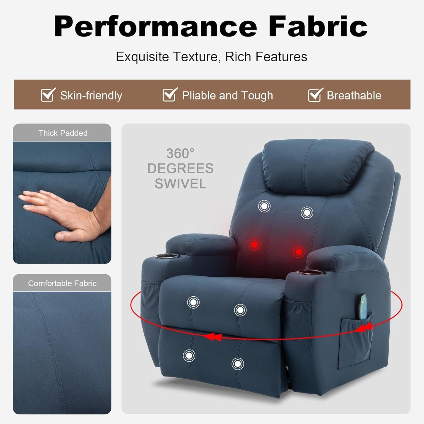 Recliner Chair, Rocking Chair with Massage and Heat, 360° Swivel