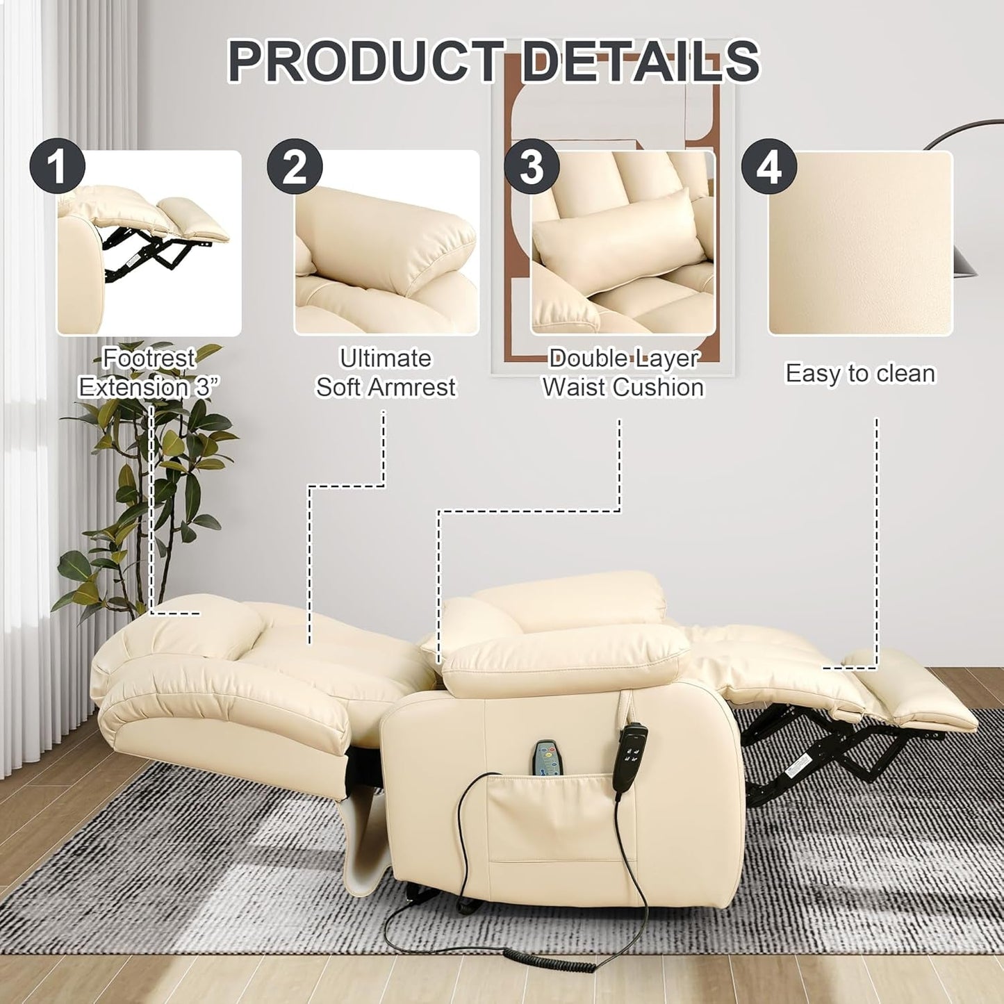 Large Reclining Lift Chair, Dual Motor Massage Chair, Genuine Leather
