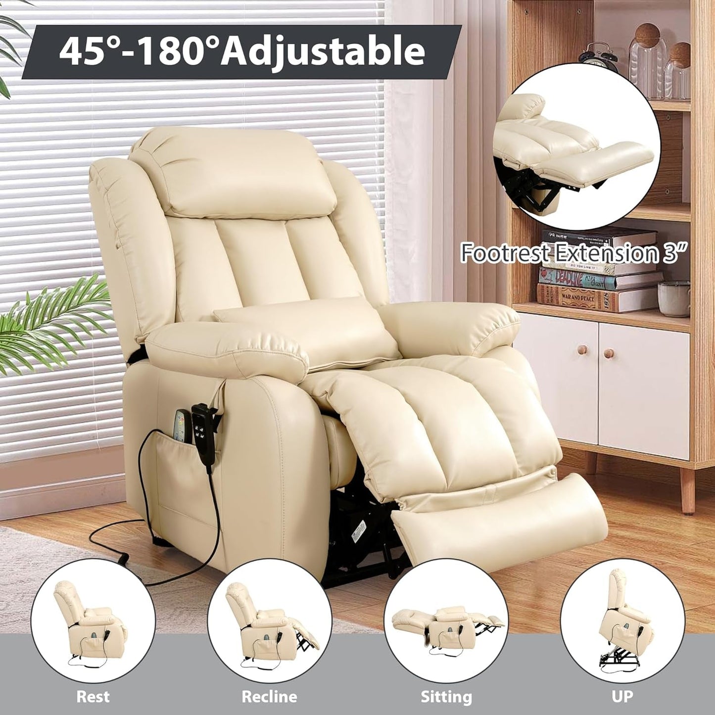Large Reclining Lift Chair, Dual Motor Massage Chair, Genuine Leather