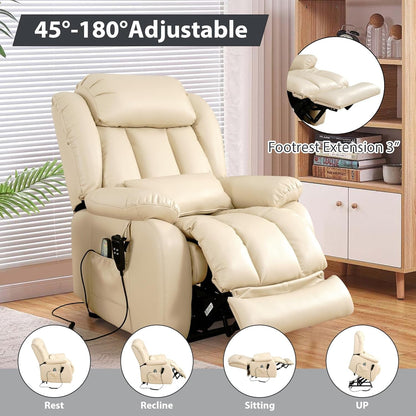 Large Reclining Lift Chair, Dual Motor Massage Chair, Genuine Leather