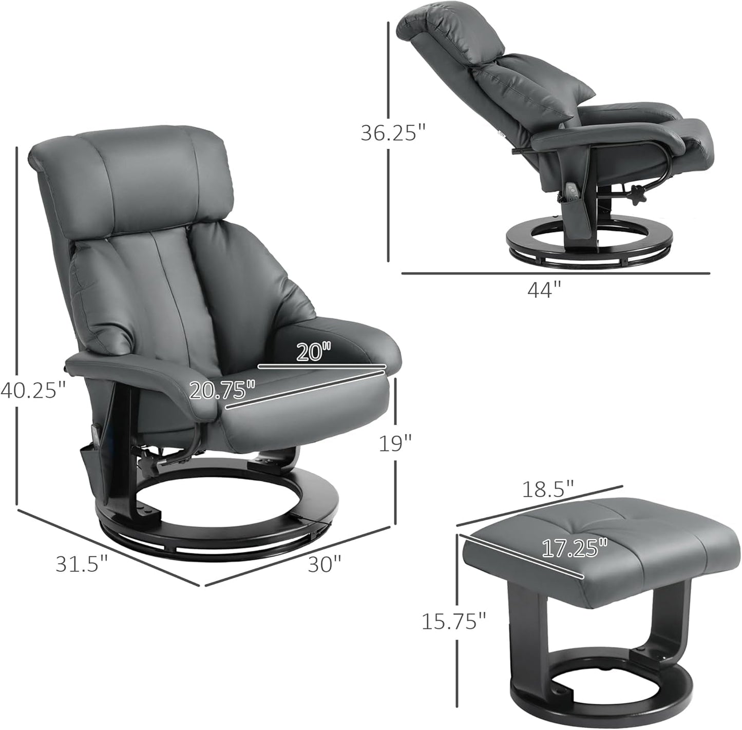 Massage Recliner Chair Ottoman 360 Swivel Leather Gray