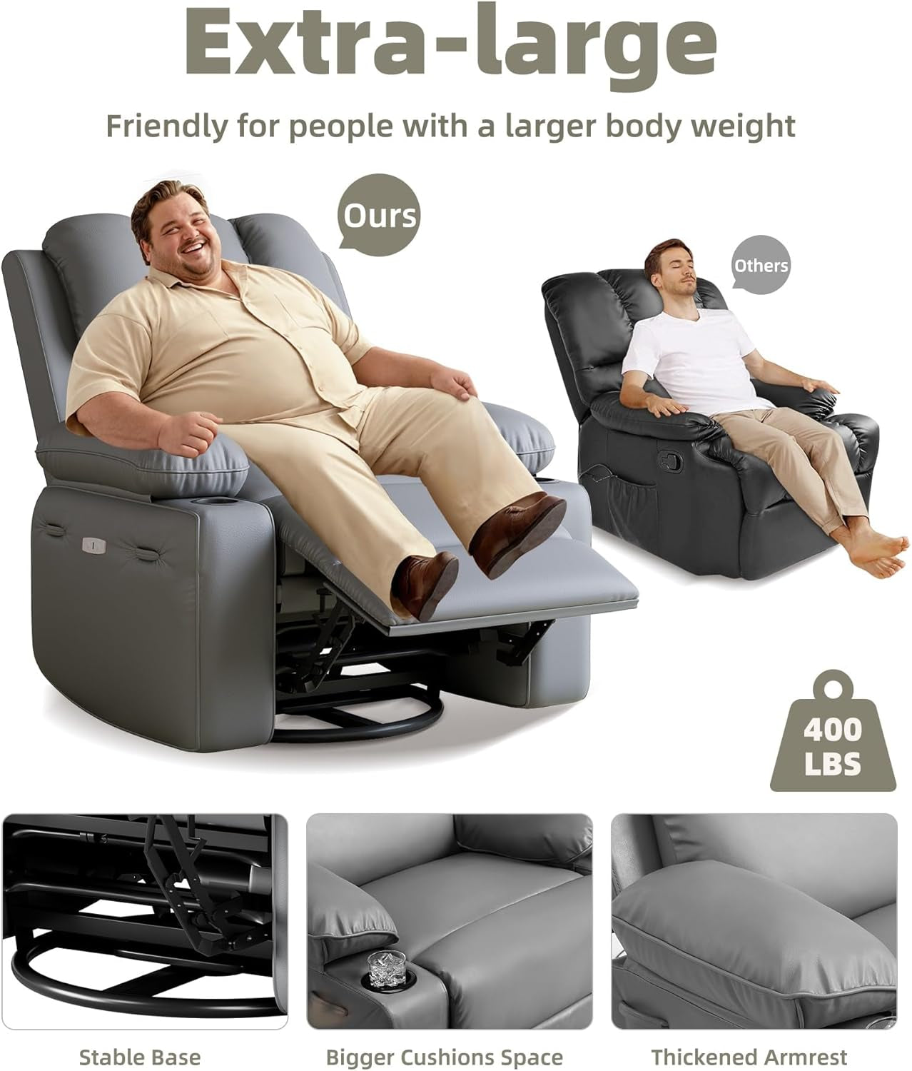 Oversized Recliner Chairs with Heat and Massage - 360° Swivel Lazy